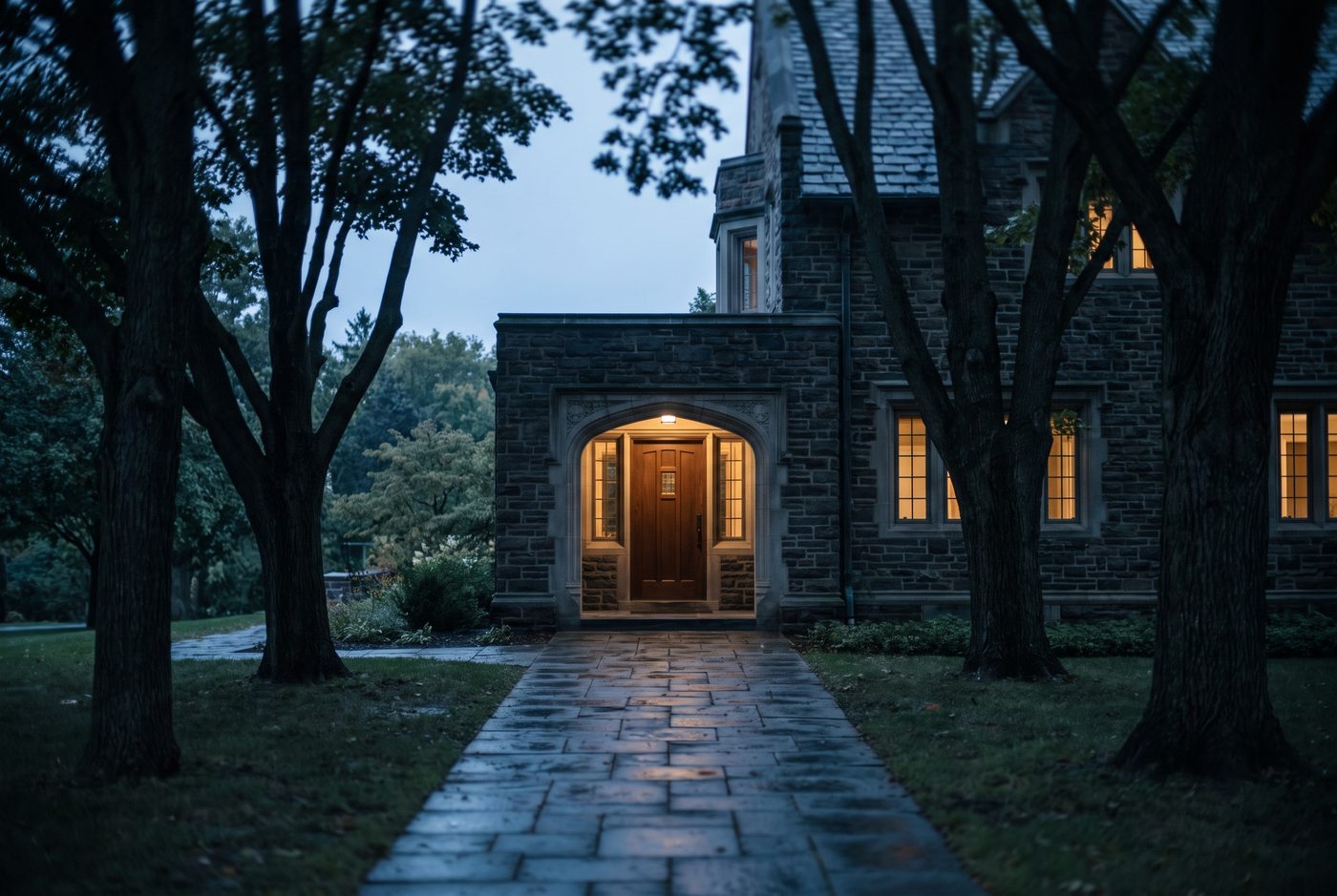 An elegant estate home at dusk with warm light in the windows